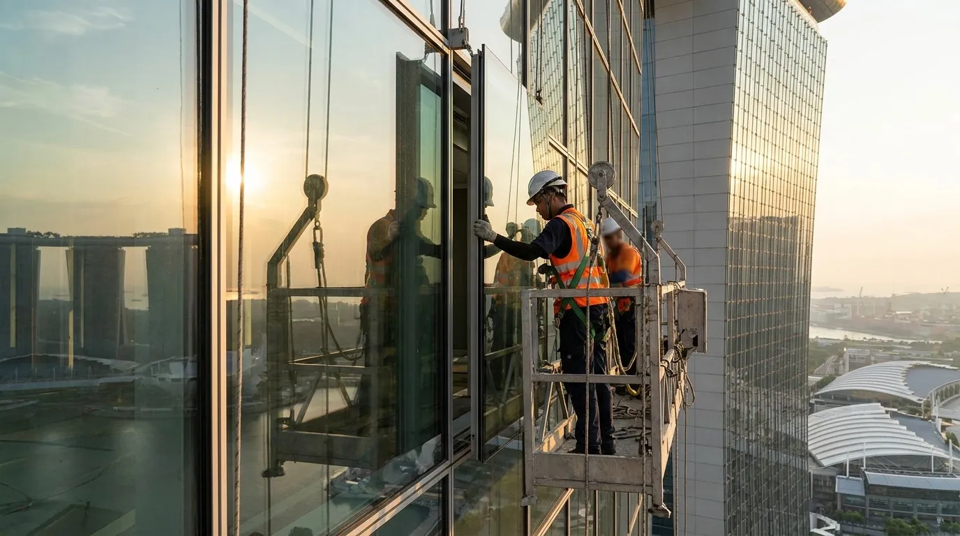Façade specialist on a suspended swing stage installing a curtain-wall panel on a Marina Bay-style high-rise, full-body environmental shot.