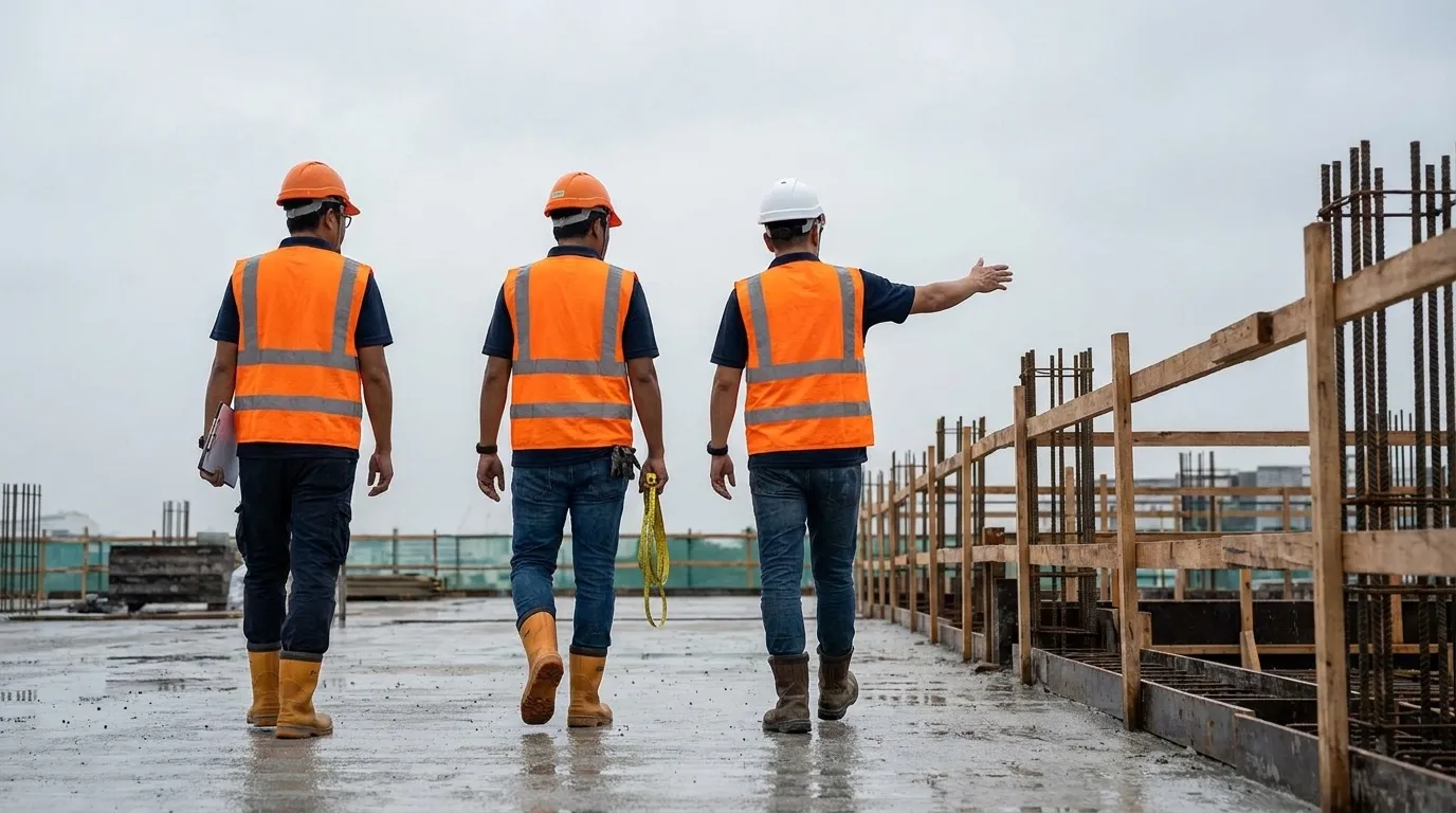 Three figures walking across a cleaned slab pre-pour photographed from behind: the deployed RE leading with a clipboard, an RTO with measuring tape, and the main contractor's foreman gesturing at formwork.