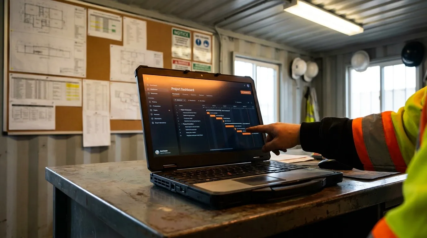 Site-office laptop on a metal desk showing a project-progress dashboard, RTO's hi-vis sleeve at frame edge as he points at a row.