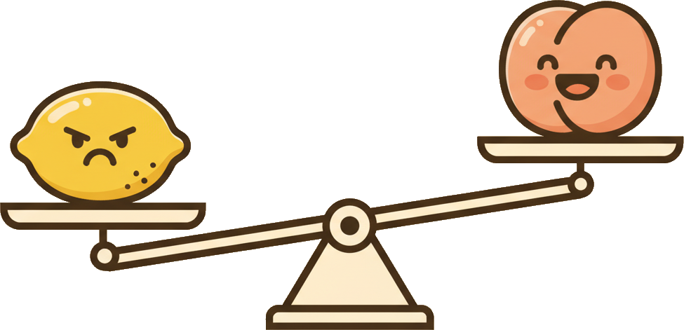 A balance scale: the lemon side weighed down by consequences, the peach floating free
