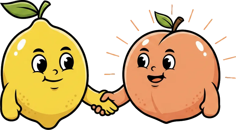 Lemon Man and a peach shaking hands
