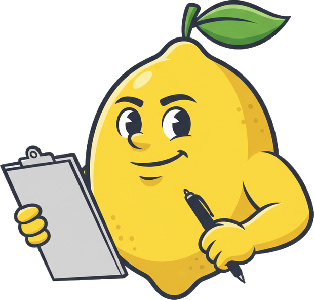 Lemon Man with a clipboard, filing a record