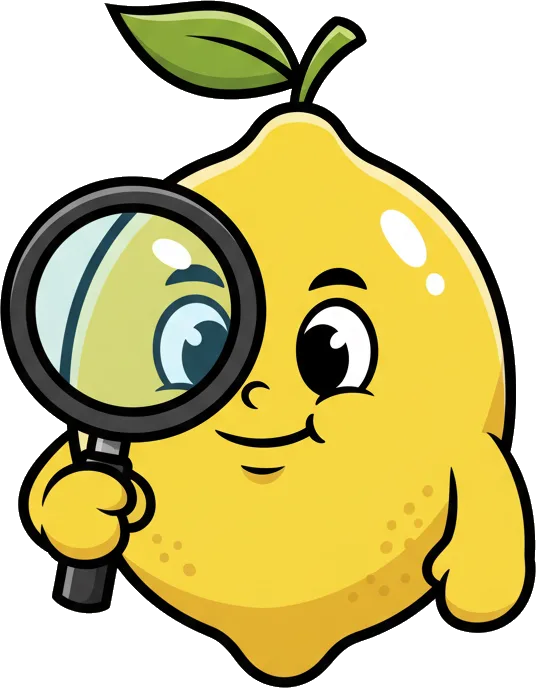 Lemon Man, the mascot, holding a magnifying glass