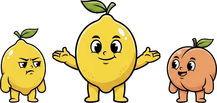 Lemon Man mediating between a grumpy lemon and a sunny peach