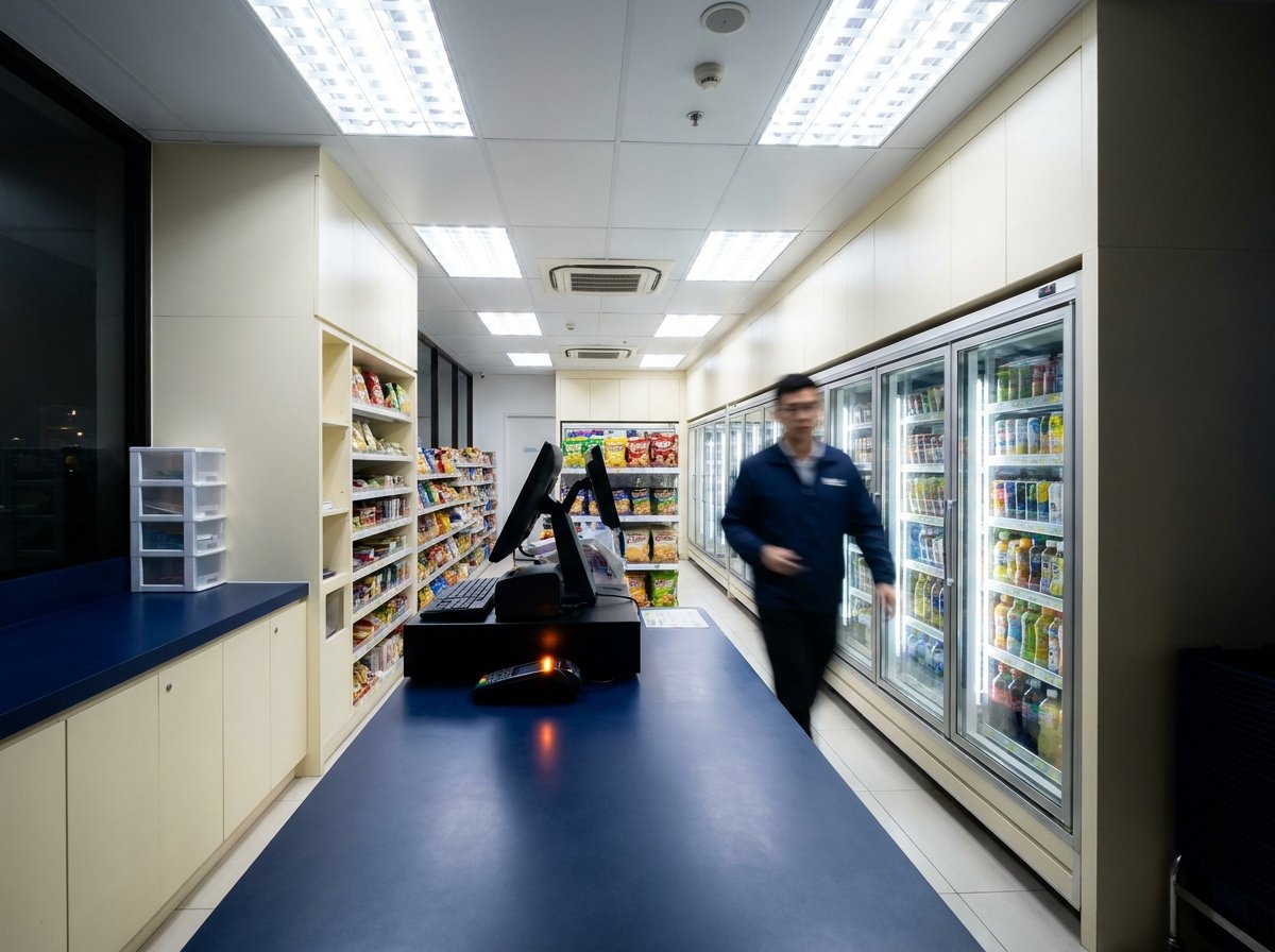 Convenience-store aisle with bright glass beverage chillers
