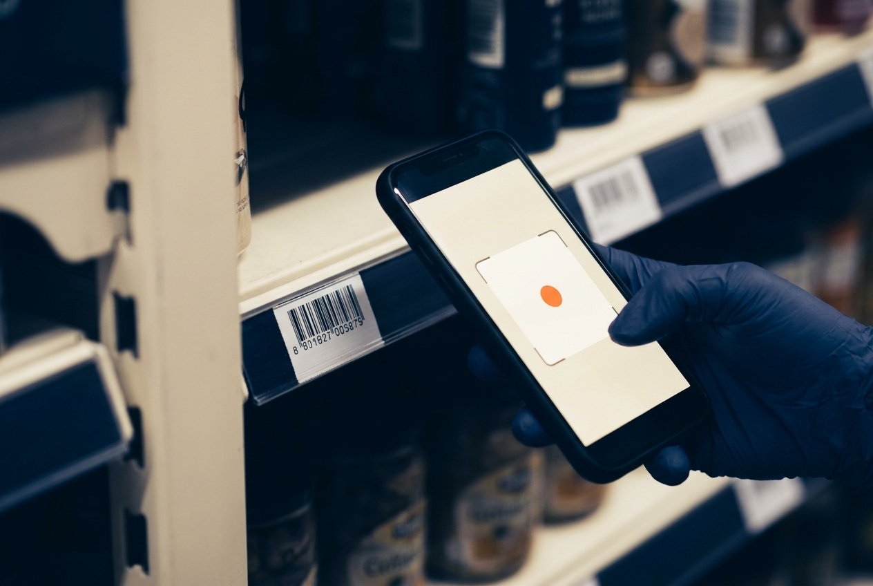 Macro detail of a merchandiser scanning a product barcode with a phone
