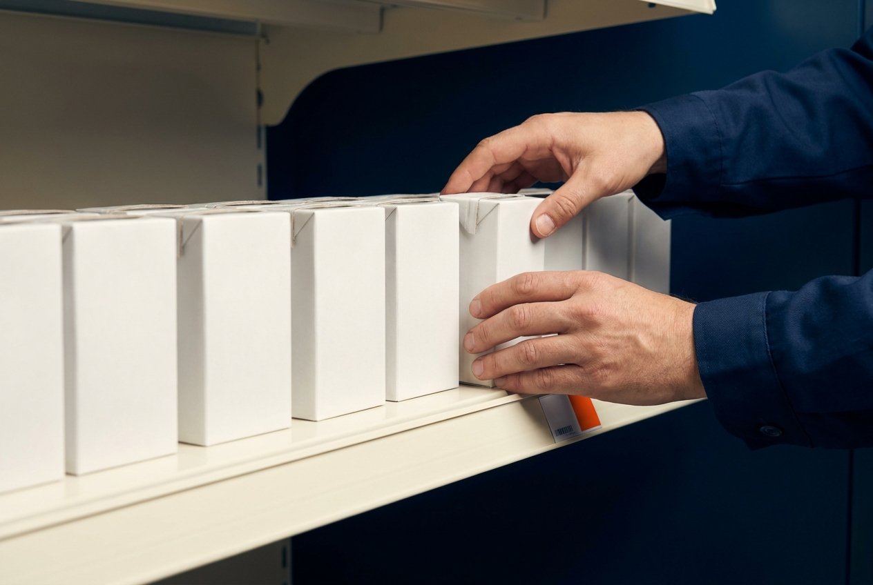 Hands placing white unbranded cartons onto a shelf with watchmaker care