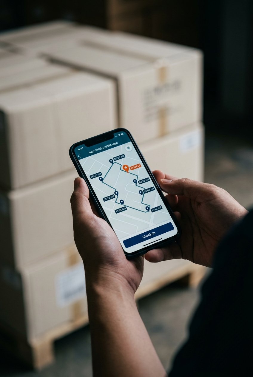 A merchandiser holding a phone showing the EMR-Intel journey-plan UI