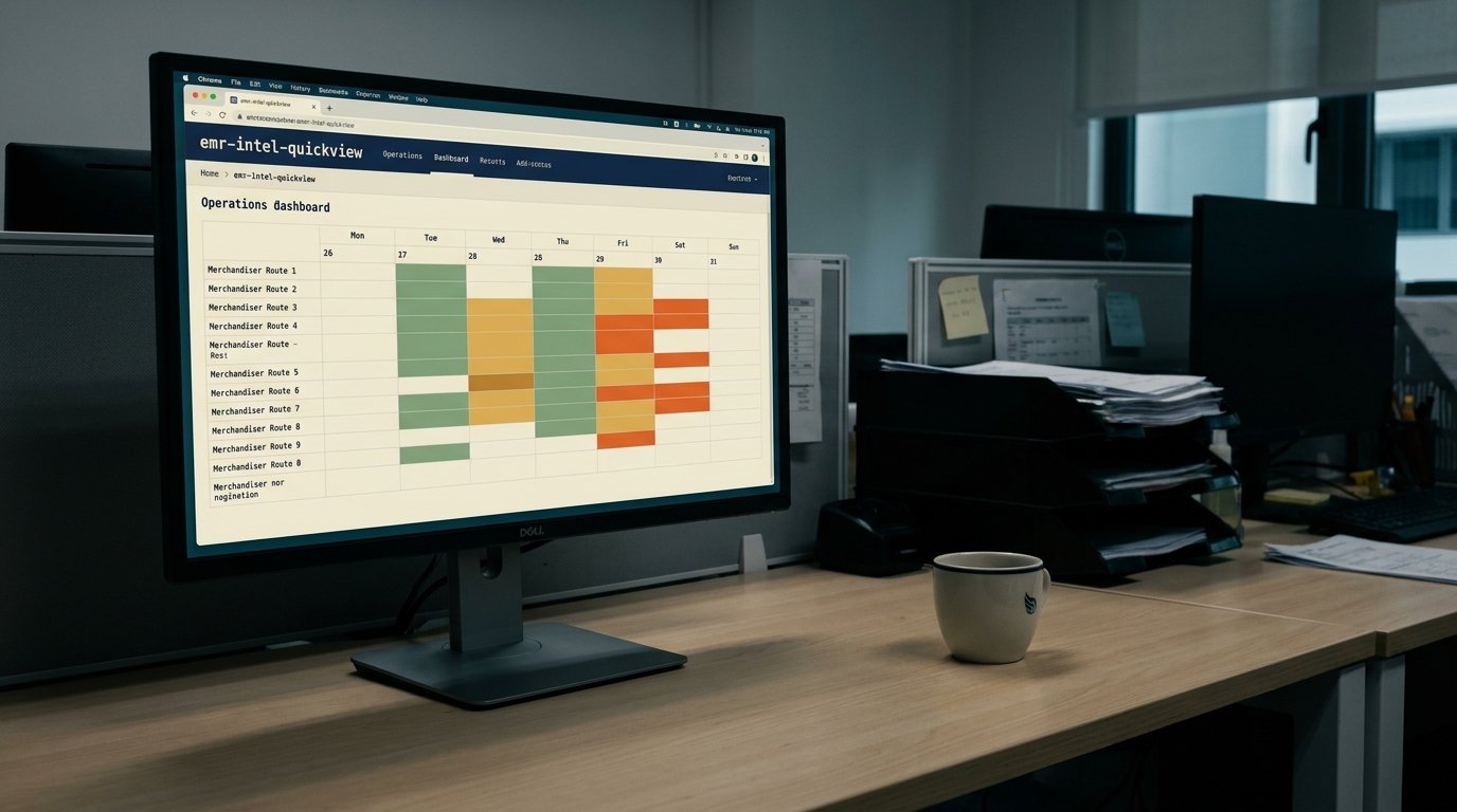 EMR-Intel QuickView operations dashboard on a back-office monitor