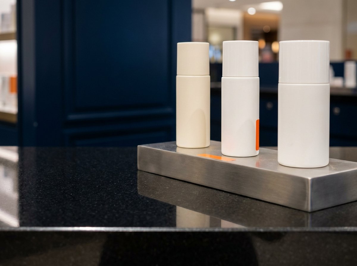 Premium beauty-counter cosmetics arranged on a black granite riser