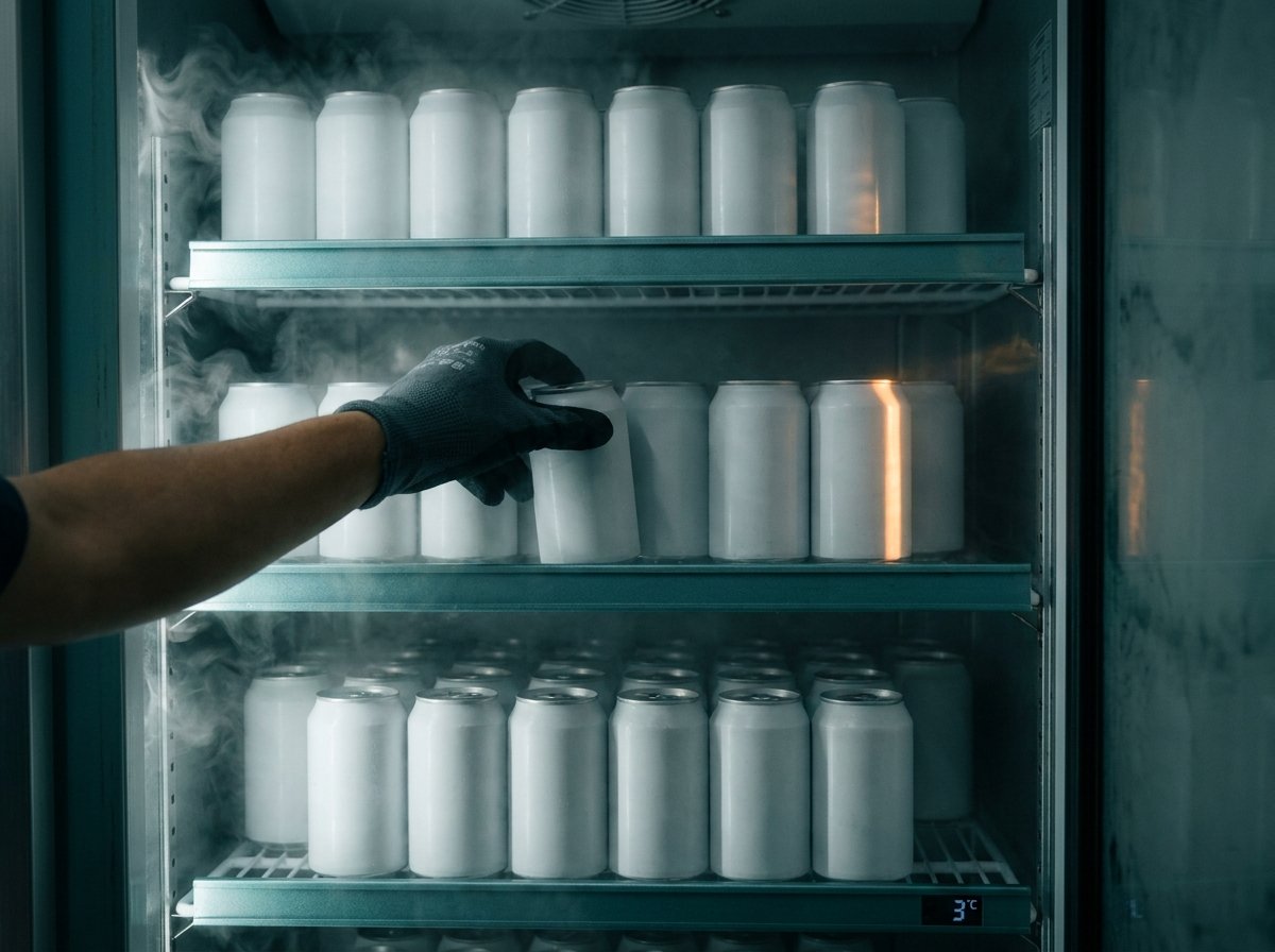 Beverage-chiller interior with ranked unbranded cans