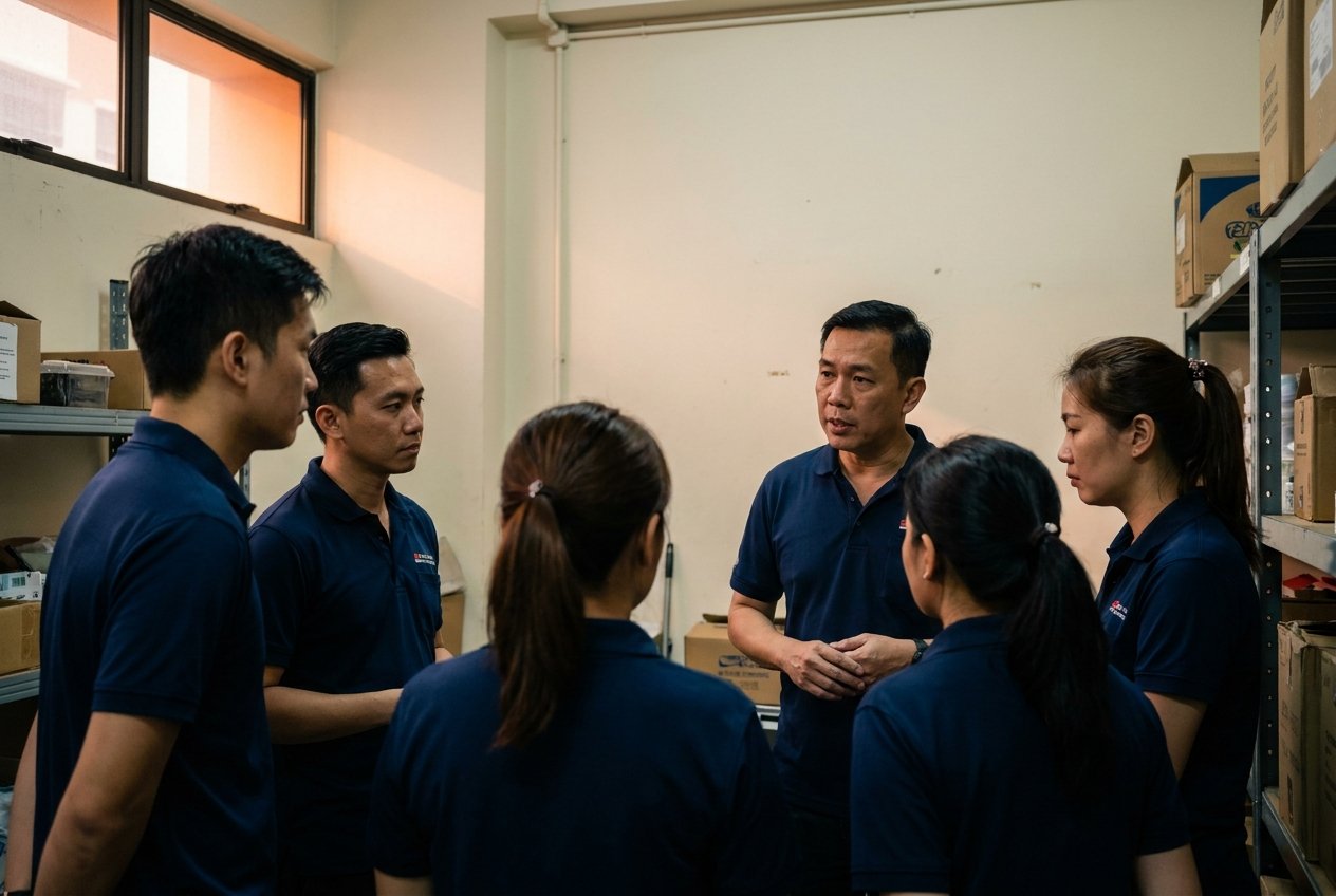 Morning brief — five Elitez merchandisers in navy polos listening to a supervisor