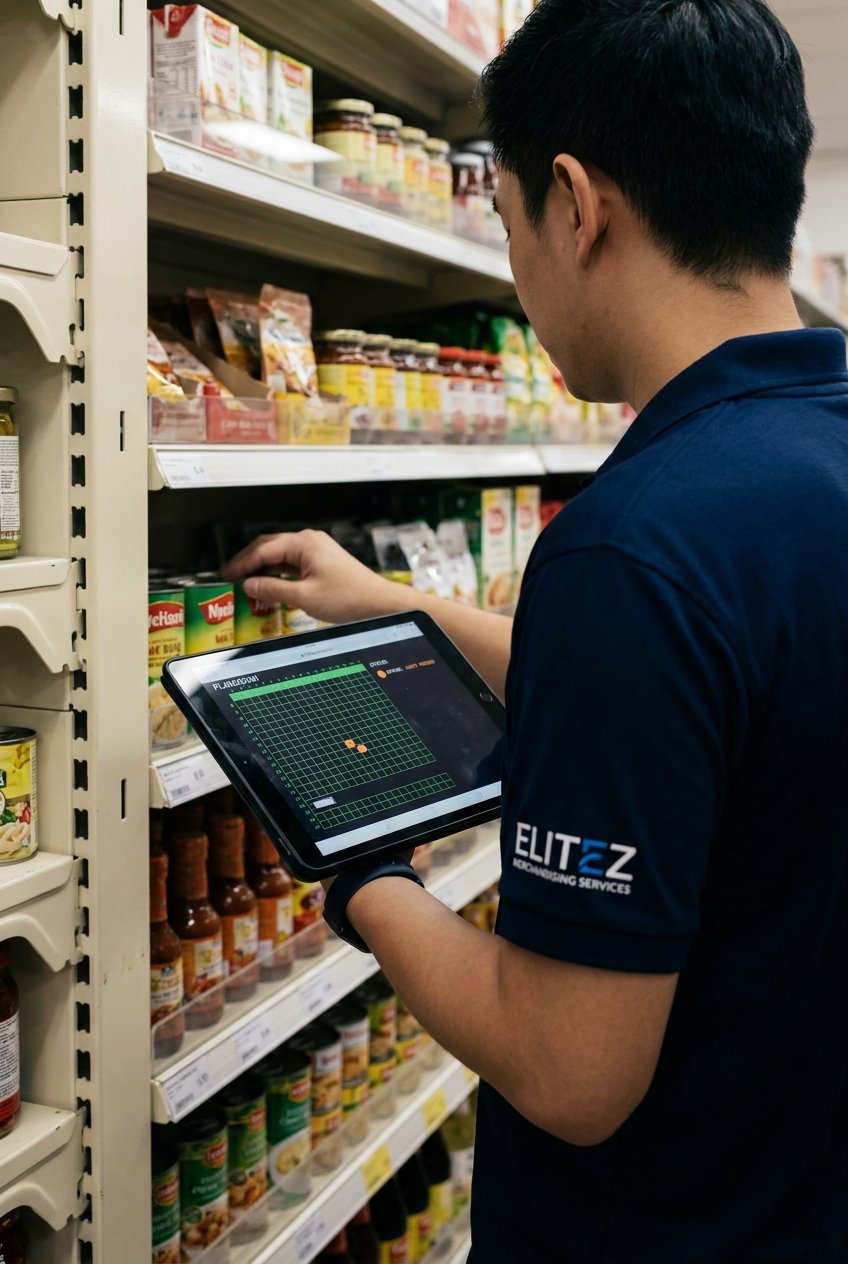 A merchandiser comparing a planogram on a tablet to the actual shelf