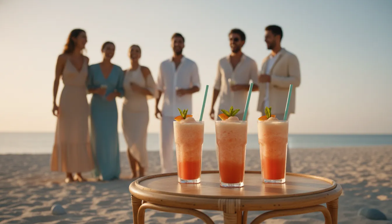 Three coral and peach daiquiris on a rattan beach table at golden hour