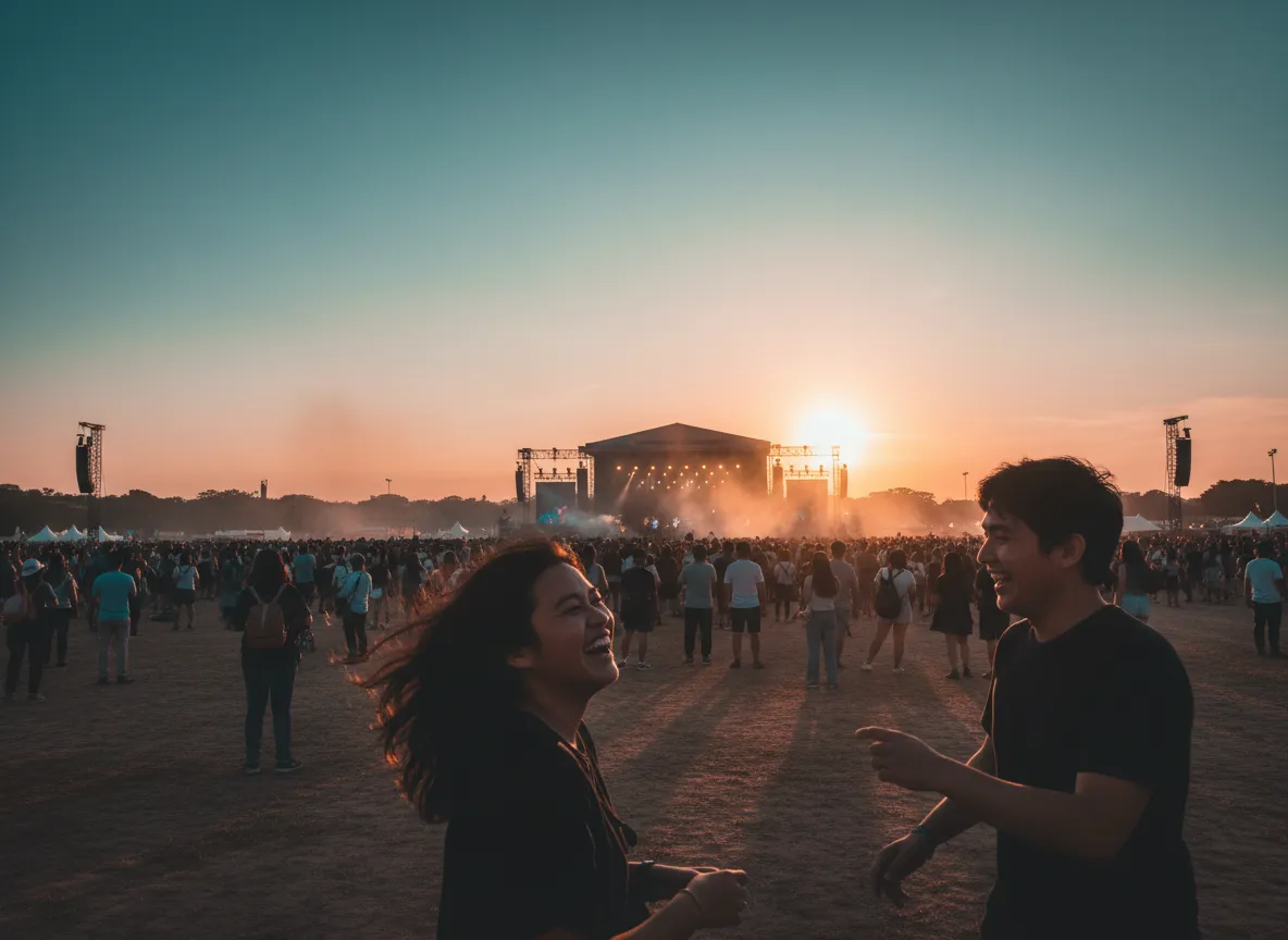 Outdoor music festival crowd silhouettes at golden hour in Singapore