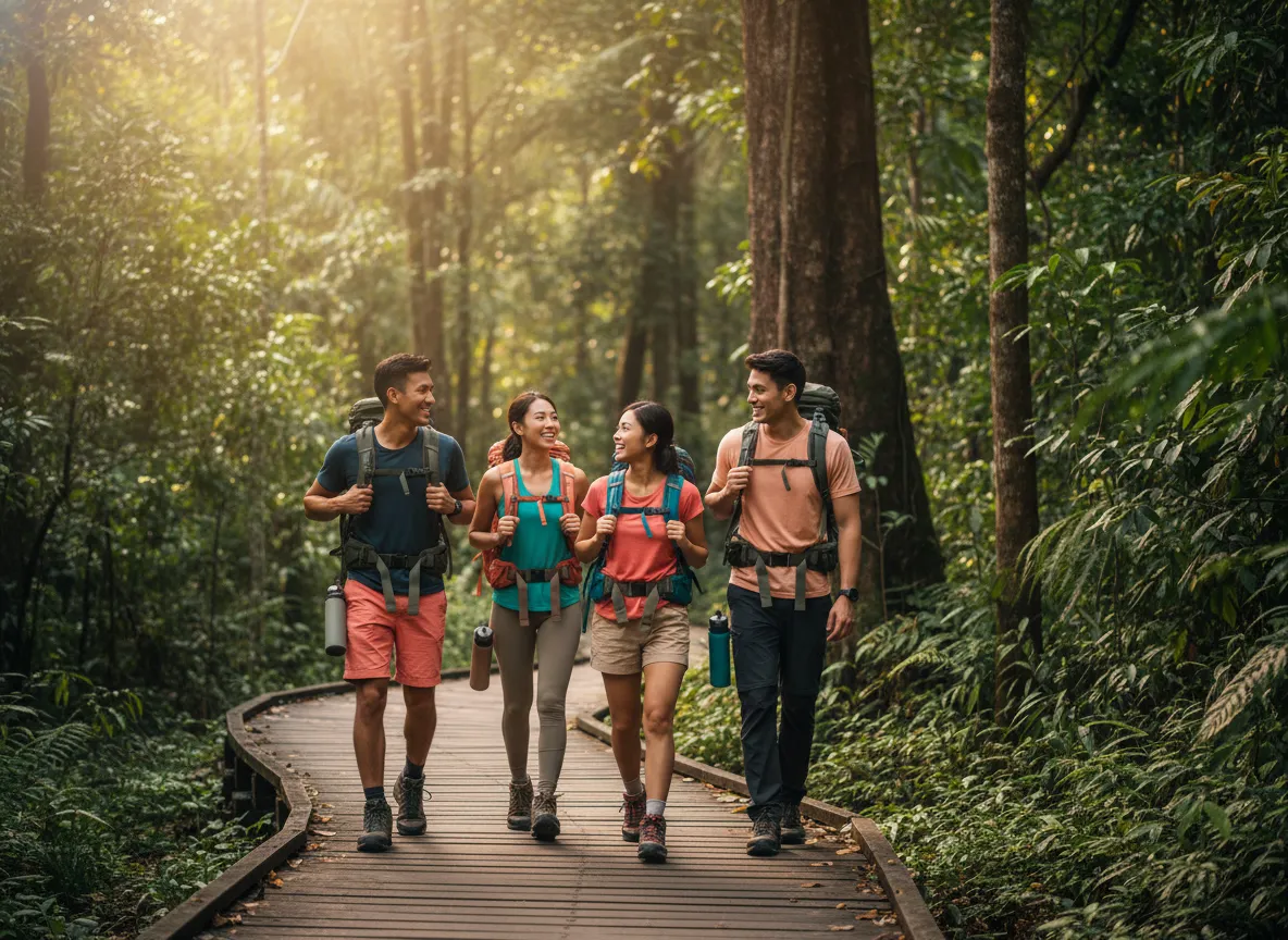 Four friends mid-hike on a tropical jungle trail in Bukit Timah, Singapore