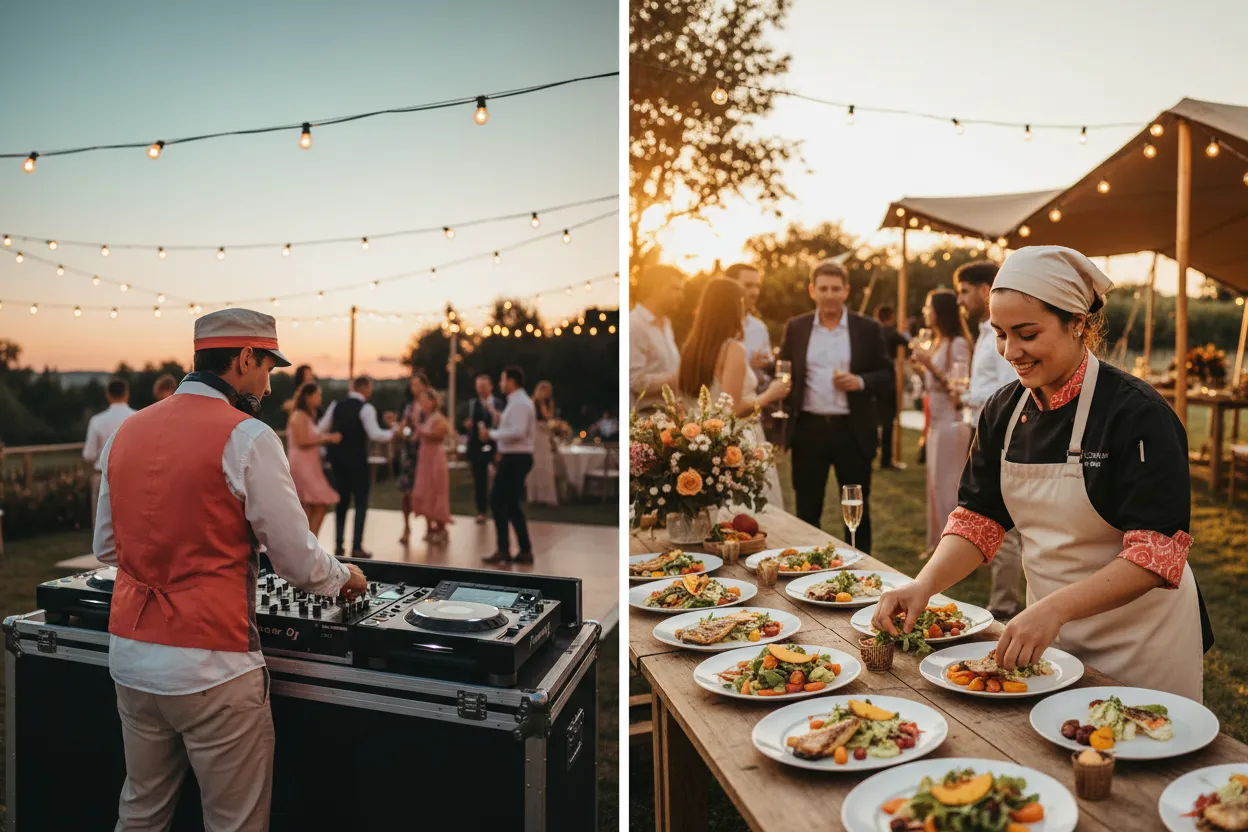 Split frame of two event service providers at work — a DJ at a console and a private chef plating dishes