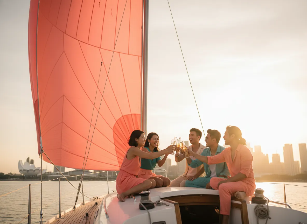 Friends mid-toast on a yacht deck at Marina Bay during golden hour