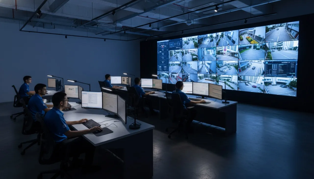 Vector Sky Defense command-centre operations floor — analysts at workstations facing the video wall