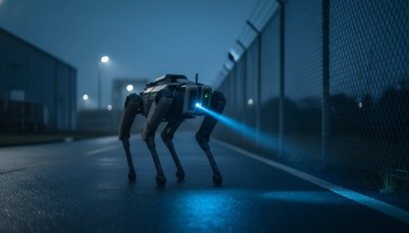 Autonomous patrol unit on a perimeter at night under floodlights